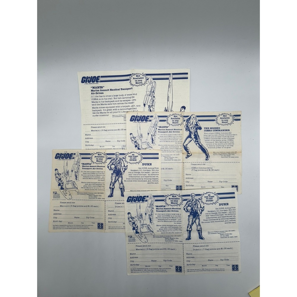 Vtg 1983 1984 GI Joe Mail-In Paper Inserts Hasbro Manta Duke Cobra Commander